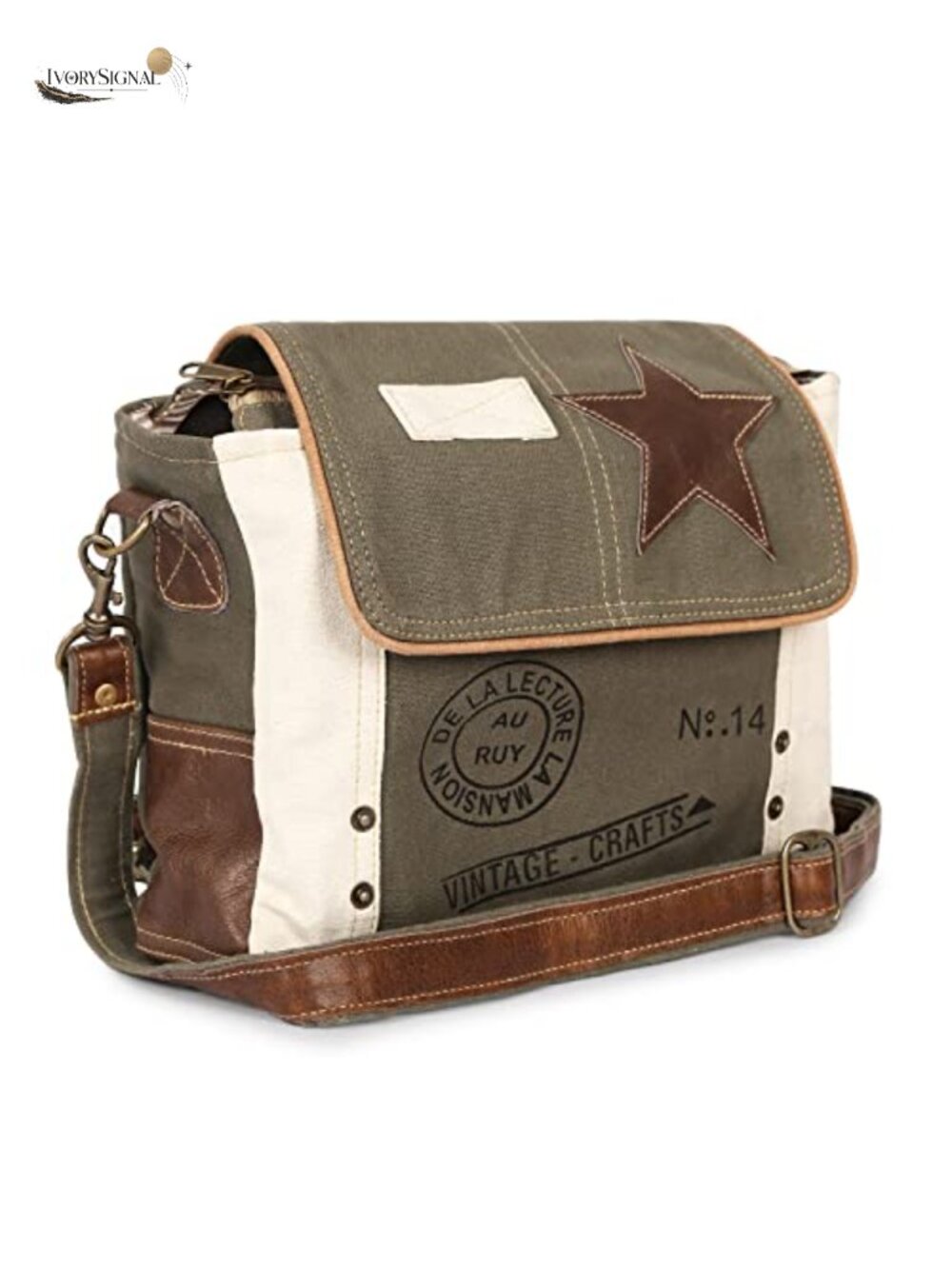 Canvas Messenger Bag with Leather Star Accent, Adjustable Strap, Travel Work